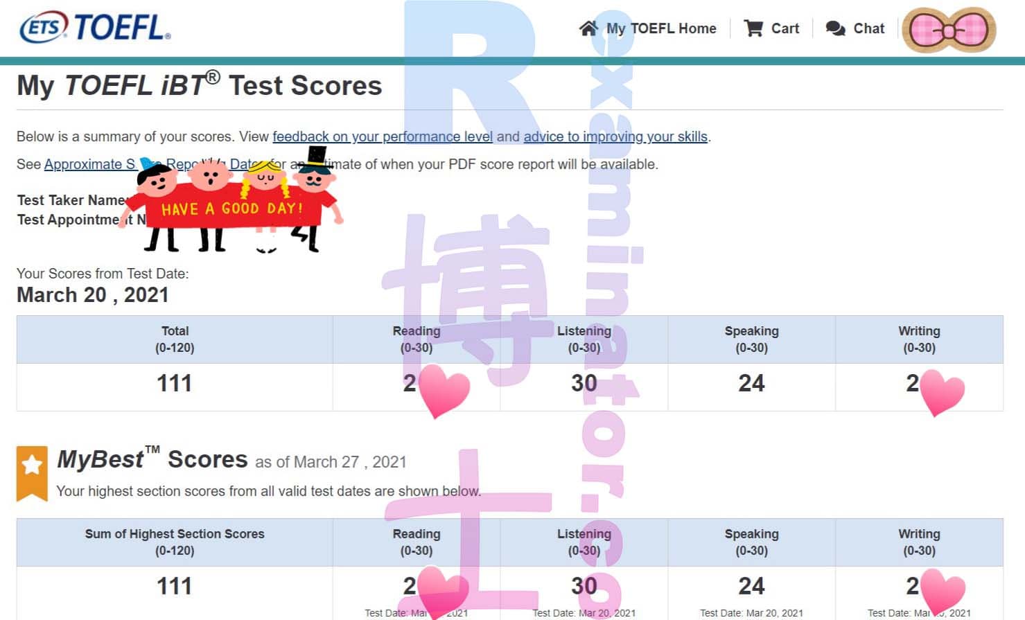 immagine del punteggio per Truffa nel TOEFL storia di successo #143