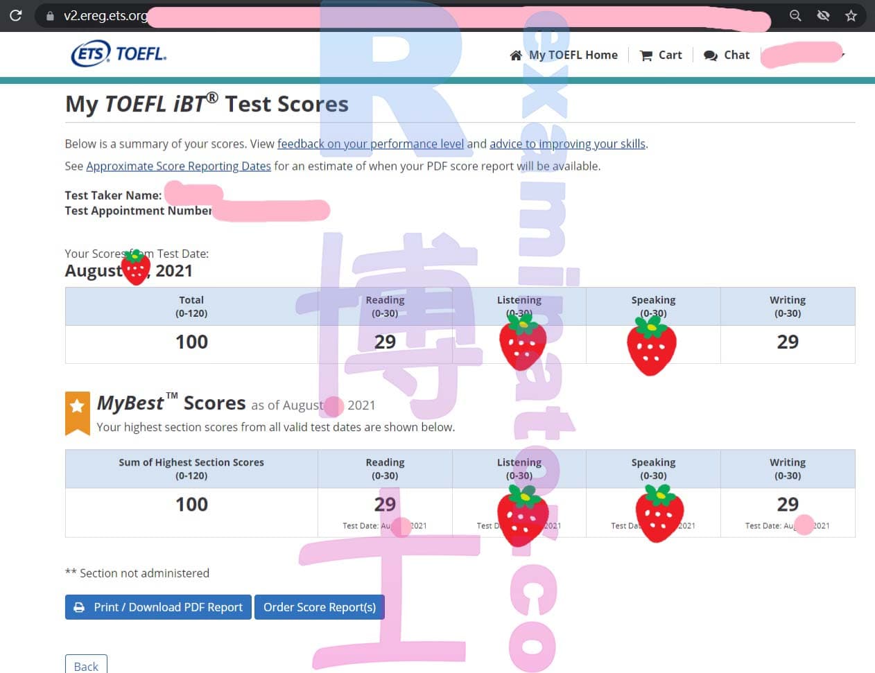 immagine del punteggio per Truffa nel TOEFL storia di successo #188